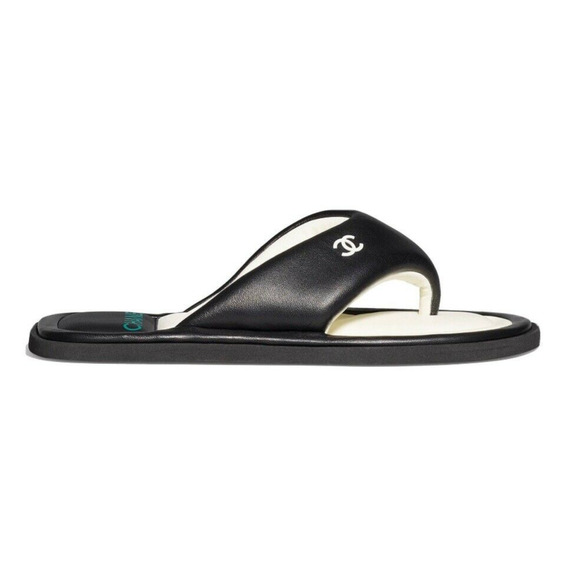 Chanel 22P Black White Lambskin Padded Pool Thong Logo Mule Slide Flat Sandal 42 - Picture 1 of 12